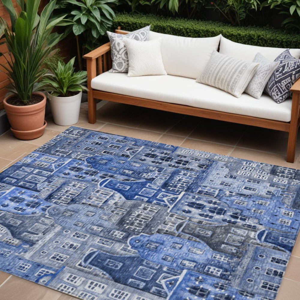 HomeRoots 5' Washable Indoor Outdoor Area Rug Featuring Charming Navy and Sky Blue Village Houses Design 10' X 14' 577852