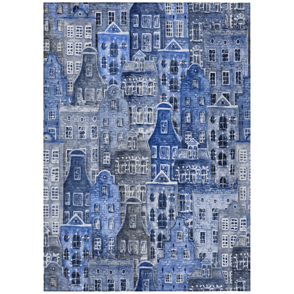 HomeRoots 5' Washable Indoor Outdoor Area Rug Featuring Charming Navy and Sky Blue Village Houses Design 10' X 14' 577852