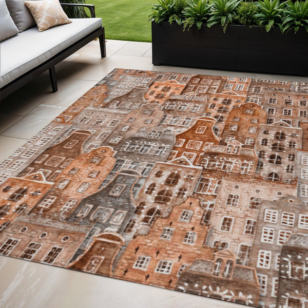 HomeRoots 5' Vibrant Village Houses Area Rug - Durable, Washable, Indoor/Outdoor Charm for Any Space 5' X 8' 577866