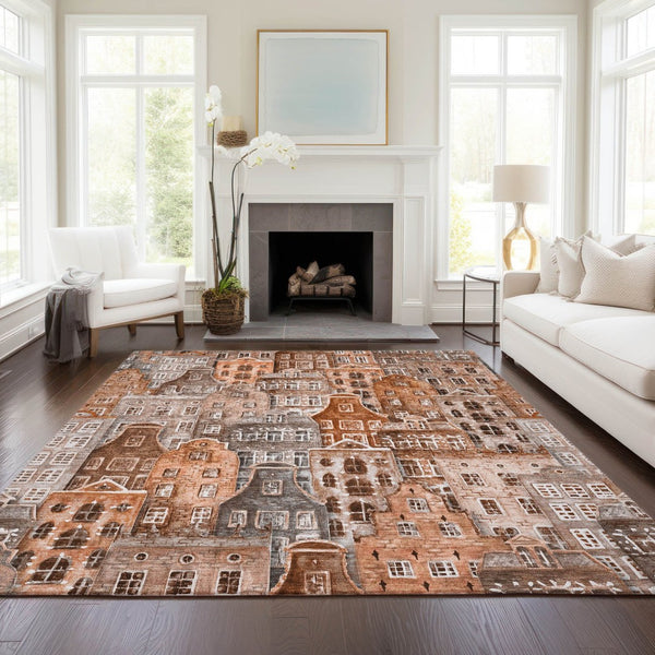 HomeRoots 5' Vibrant Village Houses Area Rug - Durable, Washable, Indoor/Outdoor Charm for Any Space 5' X 8' 577866
