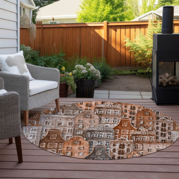 HomeRoots 5' Vibrant Village Houses Area Rug - Durable, Washable, Indoor/Outdoor Charm for Any Space 8' Round 577867