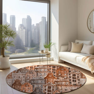 HomeRoots 5' Vibrant Village Houses Area Rug - Durable, Washable, Indoor/Outdoor Charm for Any Space 8' Round 577867