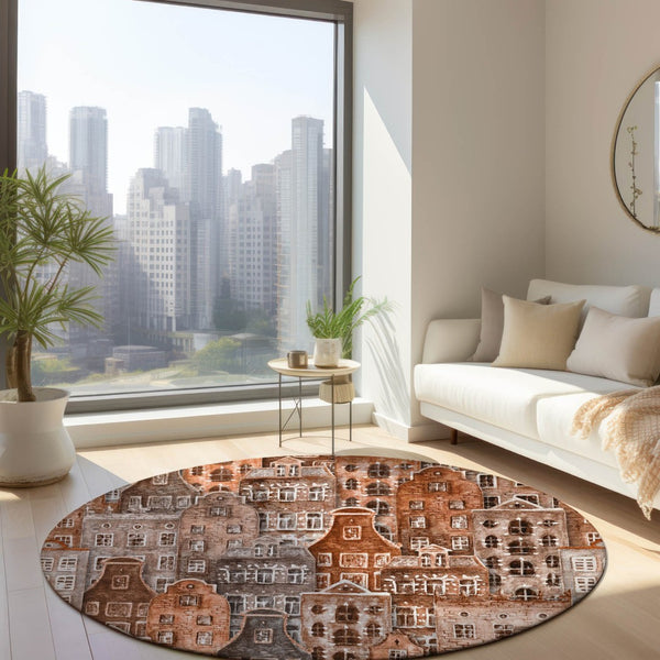 HomeRoots 5' Vibrant Village Houses Area Rug - Durable, Washable, Indoor/Outdoor Charm for Any Space 8' Round 577867