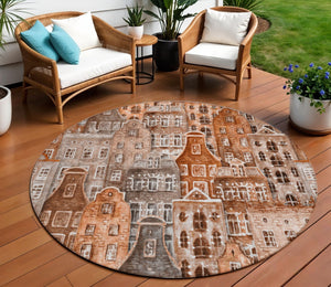 HomeRoots 5' Vibrant Village Houses Area Rug - Durable, Washable, Indoor/Outdoor Charm for Any Space 8' Round 577867