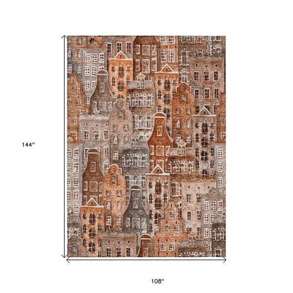 HomeRoots 9' Vibrant Orange Copper and Salmon Village Houses Area Rug for Indoor and Outdoor Spaces 9' X 12' 577869
