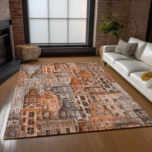 HomeRoots 9' Vibrant Orange Copper and Salmon Village Houses Area Rug for Indoor and Outdoor Spaces 9' X 12' 577869