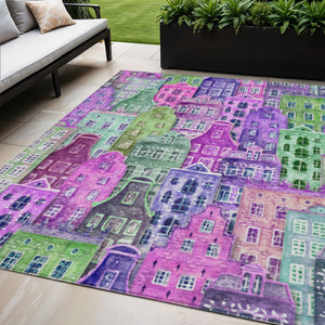 HomeRoots 5' Vibrant Purple Lilac and Green Village Houses Washable Area Rug for Indoor and Outdoor Spaces 5' X 8' 577872