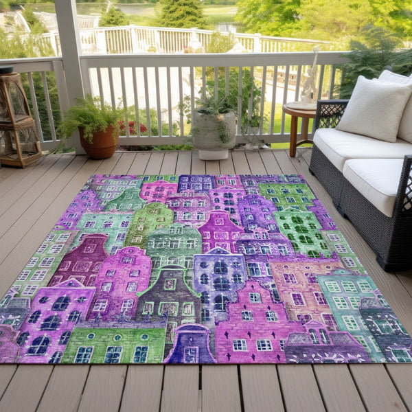 HomeRoots 5' Vibrant Purple Lilac and Green Village Houses Washable Area Rug for Indoor and Outdoor Spaces 5' X 8' 577872