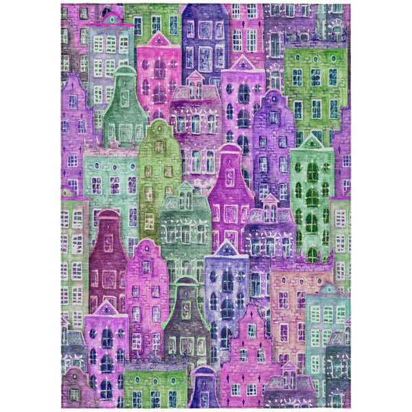 HomeRoots 5' Vibrant Purple Lilac and Green Village Houses Washable Area Rug for Indoor and Outdoor Spaces 5' X 8' 577872