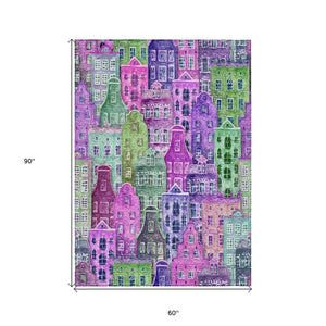 HomeRoots 5' Vibrant Purple Lilac and Green Village Houses Washable Area Rug for Indoor and Outdoor Spaces 5' X 8' 577872