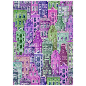 HomeRoots 5' Vibrant Purple Lilac and Green Village Houses Washable Area Rug for Indoor and Outdoor Spaces 5' X 8' 577872