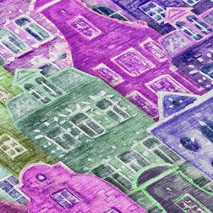 HomeRoots 5' Vibrant Purple Lilac and Green Village Houses Washable Area Rug for Indoor and Outdoor Spaces 5' X 8' 577872