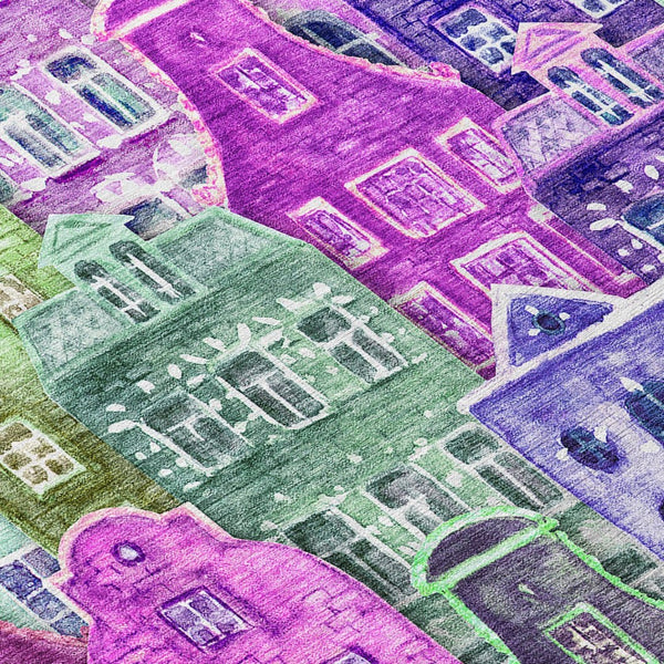 HomeRoots 5' Vibrant Purple Lilac and Green Village Houses Washable Area Rug for Indoor and Outdoor Spaces 5' X 8' 577872