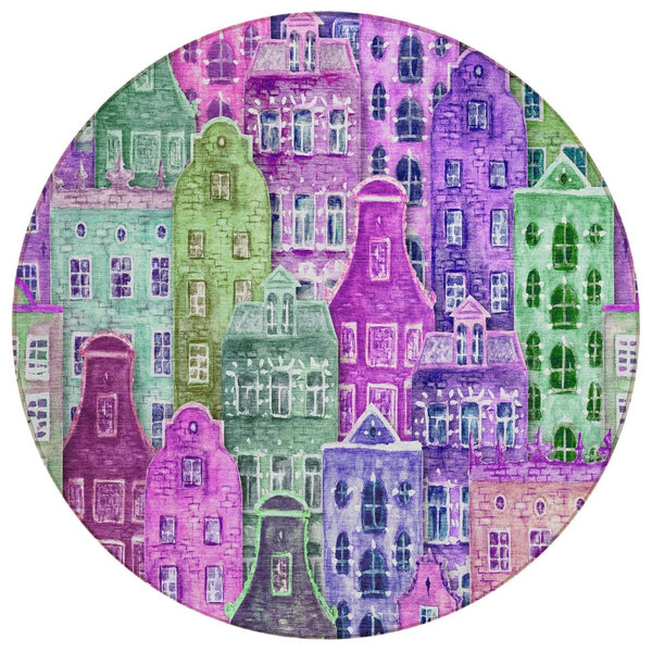 HomeRoots 5' Vibrant Purple Lilac and Green Village Houses Washable Area Rug for Indoor and Outdoor Spaces 8' Round 577873