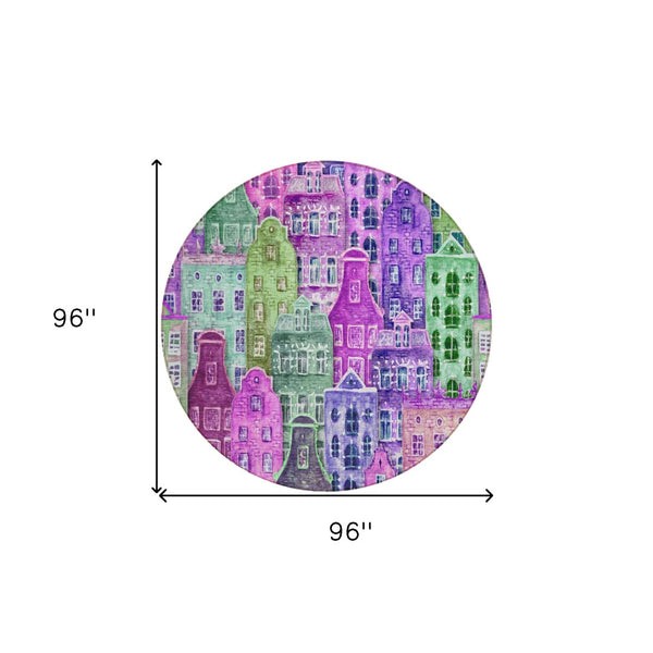 HomeRoots 5' Vibrant Purple Lilac and Green Village Houses Washable Area Rug for Indoor and Outdoor Spaces 8' Round 577873
