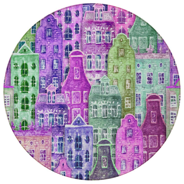 HomeRoots 5' Vibrant Purple Lilac and Green Village Houses Washable Area Rug for Indoor and Outdoor Spaces 8' Round 577873