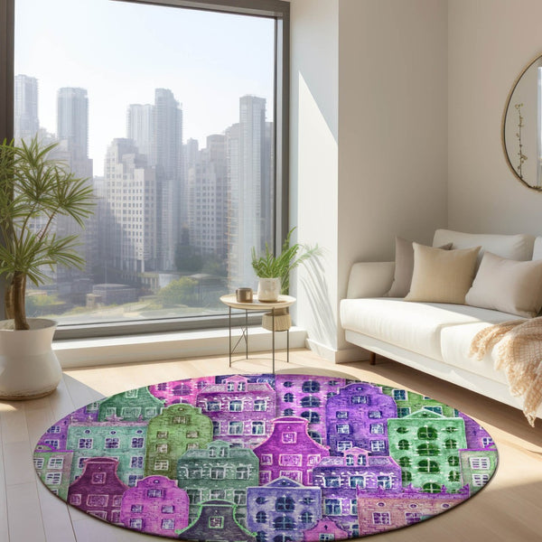 HomeRoots 5' Vibrant Purple Lilac and Green Village Houses Washable Area Rug for Indoor and Outdoor Spaces 8' Round 577873