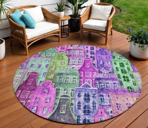 HomeRoots 5' Vibrant Purple Lilac and Green Village Houses Washable Area Rug for Indoor and Outdoor Spaces 8' Round 577873
