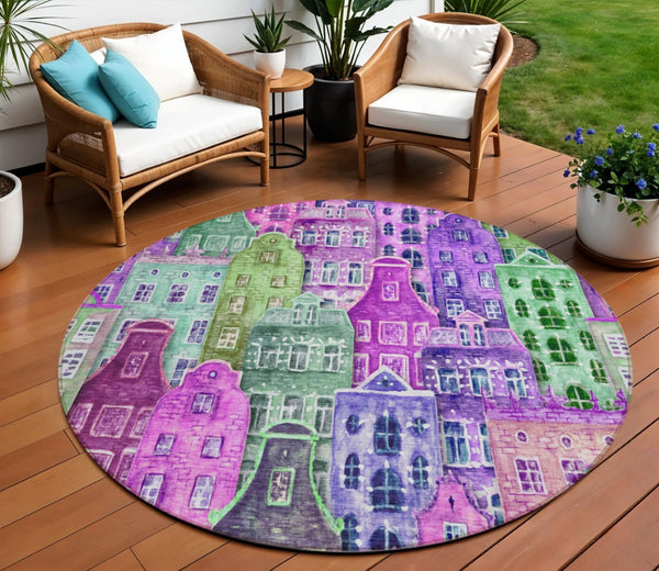 HomeRoots 5' Vibrant Purple Lilac and Green Village Houses Washable Area Rug for Indoor and Outdoor Spaces 8' Round 577873