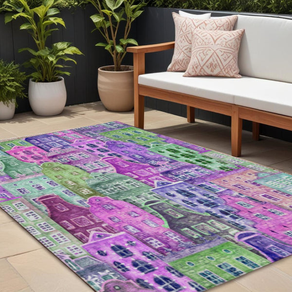 HomeRoots 5' Vibrant Purple Lilac and Green Village Houses Washable Area Rug for Indoor and Outdoor Spaces 8' X 10' 577874