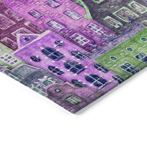 HomeRoots 5' Vibrant Purple Lilac and Green Village Houses Washable Area Rug for Indoor and Outdoor Spaces 8' X 10' 577874