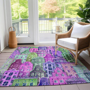 HomeRoots 5' Vibrant Purple Lilac and Green Village Houses Washable Area Rug for Indoor and Outdoor Spaces 8' X 10' 577874
