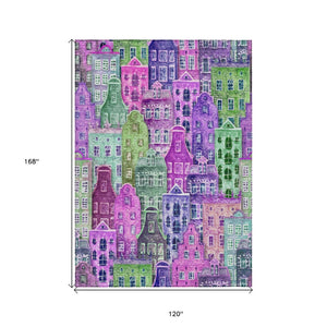 HomeRoots 5' Vibrant Purple Lilac and Green Village Houses Washable Area Rug for Indoor and Outdoor Spaces 10' X 14' 577876
