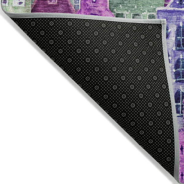 HomeRoots 5' Vibrant Purple Lilac and Green Village Houses Washable Area Rug for Indoor and Outdoor Spaces 10' X 14' 577876