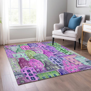 HomeRoots 5' Vibrant Purple Lilac and Green Village Houses Washable Area Rug for Indoor and Outdoor Spaces 10' X 14' 577876