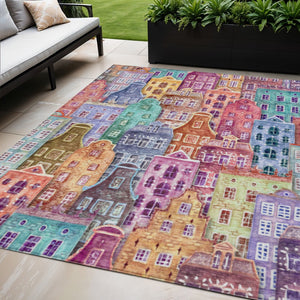 HomeRoots 5' Vibrant Village Houses Area Rug - Durable, Washable Accent for Indoor & Outdoor Spaces 5' X 8' 577878