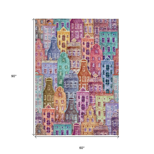 HomeRoots 5' Vibrant Village Houses Area Rug - Durable, Washable Accent for Indoor & Outdoor Spaces 5' X 8' 577878