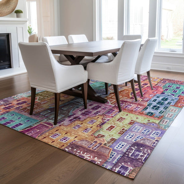 HomeRoots 5' Vibrant Village Houses Area Rug - Durable, Washable Accent for Indoor & Outdoor Spaces 5' X 8' 577878