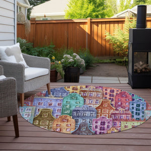 HomeRoots 5' Vibrant Village Houses Area Rug - Durable, Washable Accent for Indoor & Outdoor Spaces 8' Round 577879