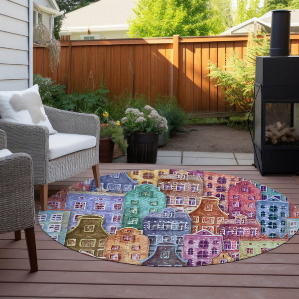 HomeRoots 5' Vibrant Village Houses Area Rug - Durable, Washable Accent for Indoor & Outdoor Spaces 8' Round 577879