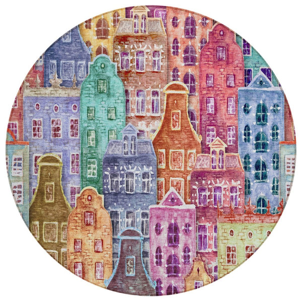 HomeRoots 5' Vibrant Village Houses Area Rug - Durable, Washable Accent for Indoor & Outdoor Spaces 8' Round 577879