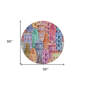 HomeRoots 5' Vibrant Village Houses Area Rug - Durable, Washable Accent for Indoor & Outdoor Spaces 8' Round 577879