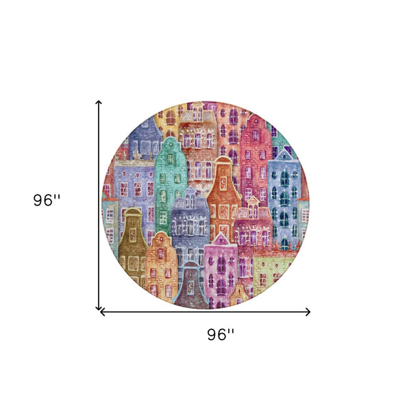 HomeRoots 5' Vibrant Village Houses Area Rug - Durable, Washable Accent for Indoor & Outdoor Spaces 8' Round 577879