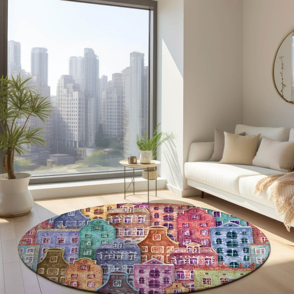 HomeRoots 5' Vibrant Village Houses Area Rug - Durable, Washable Accent for Indoor & Outdoor Spaces 8' Round 577879