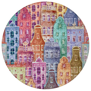HomeRoots 5' Vibrant Village Houses Area Rug - Durable, Washable Accent for Indoor & Outdoor Spaces 8' Round 577879