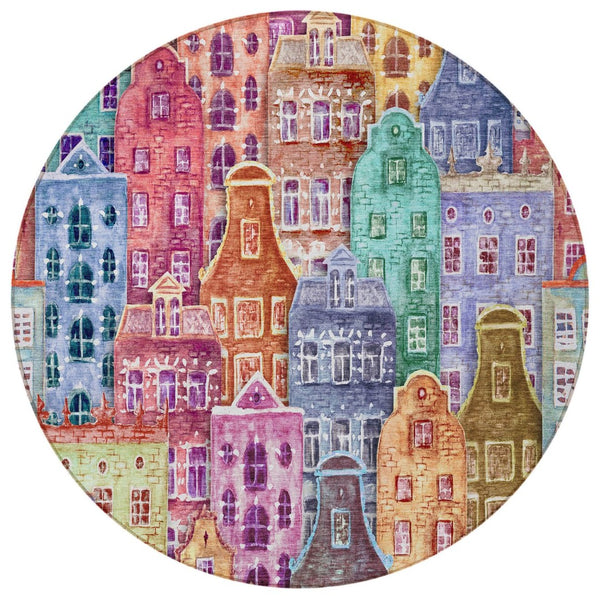 HomeRoots 5' Vibrant Village Houses Area Rug - Durable, Washable Accent for Indoor & Outdoor Spaces 8' Round 577879