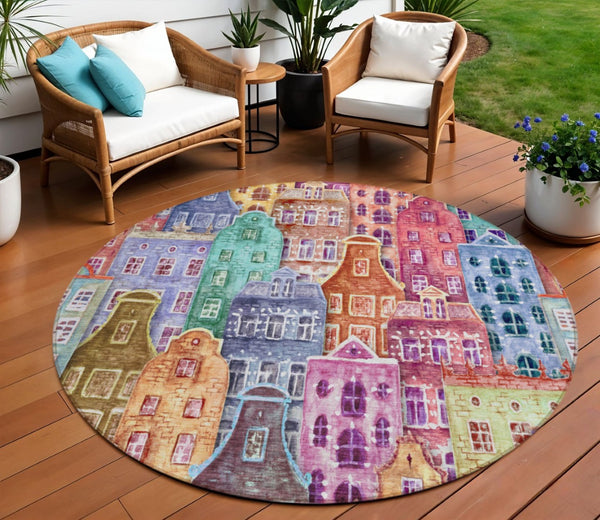 HomeRoots 5' Vibrant Village Houses Area Rug - Durable, Washable Accent for Indoor & Outdoor Spaces 8' Round 577879