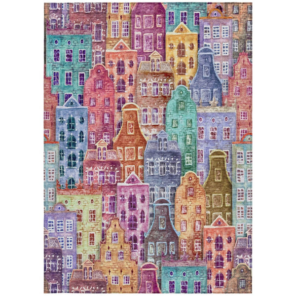 HomeRoots 9' Vibrant Village Houses Area Rug - Washable Indoor Outdoor Design for High-Traffic Spaces 9' X 12' 577881