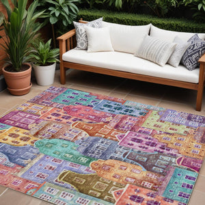 HomeRoots 9' Vibrant Village Houses Area Rug - Washable Indoor Outdoor Design for High-Traffic Spaces 9' X 12' 577881