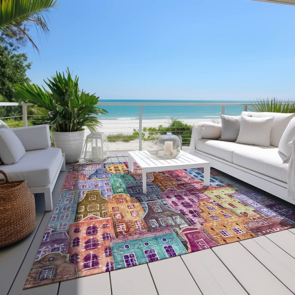 HomeRoots 9' Vibrant Village Houses Area Rug - Washable Indoor Outdoor Design for High-Traffic Spaces 9' X 12' 577881
