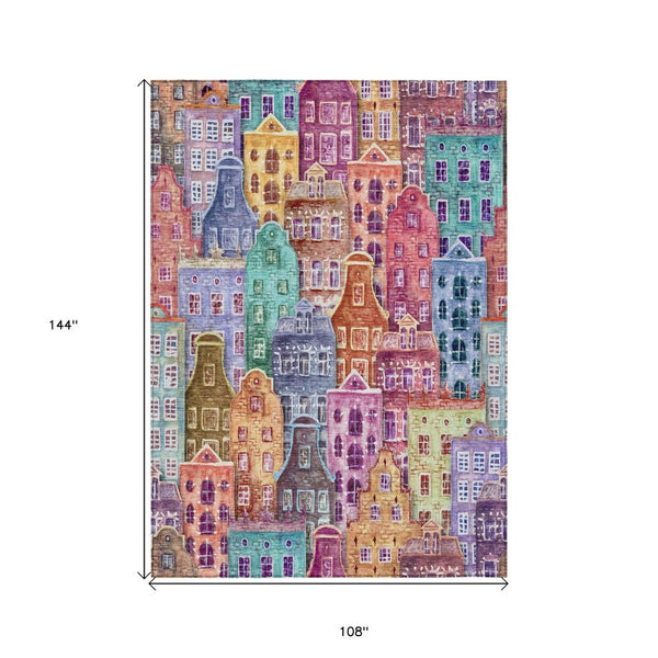 HomeRoots 9' Vibrant Village Houses Area Rug - Washable Indoor Outdoor Design for High-Traffic Spaces 9' X 12' 577881