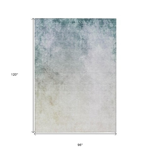 Homeroots 3' Ombre Beige Sky Blue And Teal Indoor Outdoor Area Rug – Durable, Washable, Stain Resistant Design 8' X 10' Polyester 577905