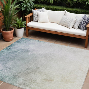 Homeroots 3' Ombre Beige Sky Blue And Teal Indoor Outdoor Area Rug – Durable, Washable, Stain Resistant Design 10' X 14' Polyester 577913