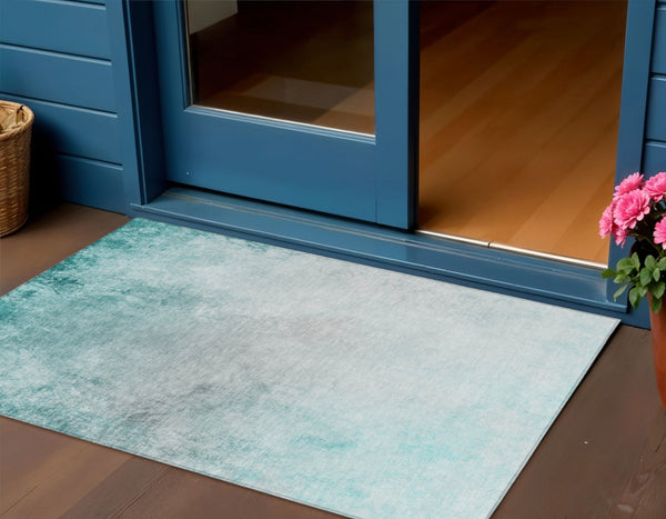 Homeroots 3' Ombre Beige Sky Blue And Teal Indoor Outdoor Area Rug – Durable, Washable, Stain Resistant Design 3' X 5' Polyester 577920