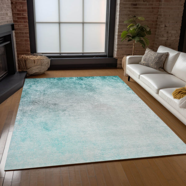 Homeroots 3' Ombre Beige Sky Blue And Teal Indoor Outdoor Area Rug – Durable, Washable, Stain Resistant Design 5' X 8' Polyester 577921