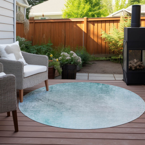 Homeroots 3' Ombre Beige Sky Blue And Teal Indoor Outdoor Area Rug – Durable, Washable, Stain Resistant Design 8' Round Polyester 577922